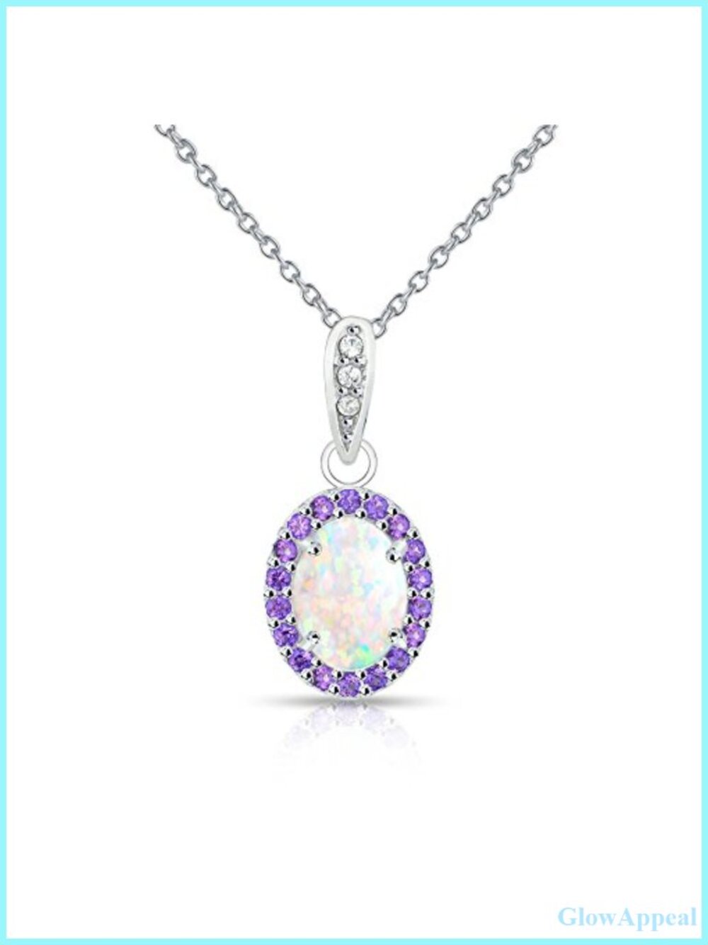 Sterling Silver Synthetic White Opal Halo Pendant Necklace 18" Rolo Chain